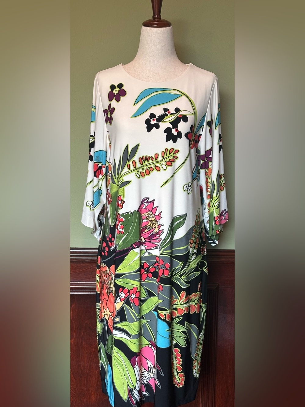 Chico's White Midi Dress with Multicolor Botanical Print